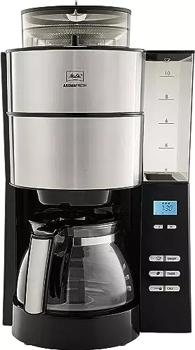 Melitta AromaFresh, Noir/Acier Brossé, 1021-01, Cafetière Filtre Avec Moulin Intégré