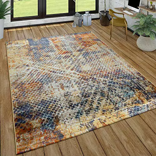 Paco Home Tapis Poils Ras Salon Aspect Usé Moderne Abstrait Design Industriel Coloré