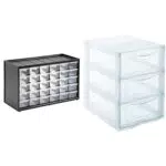 Stanley 1-93-980 Organiseur 30 Casiers Sur 5 Étages - Ossature Polypropylène Haute densité & SUNDIS |Tour de Rangement Orgamix - 3 Tiroirs Format A5 - Transparent avec Système Stop Tiroirs