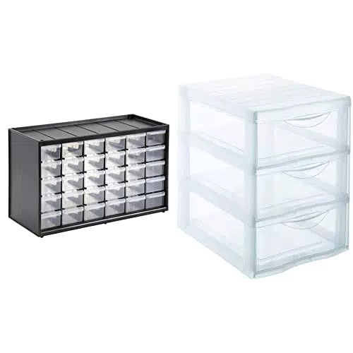Stanley 1-93-980 Organiseur 30 Casiers Sur 5 Étages - Ossature Polypropylène Haute densité & SUNDIS |Tour de Rangement Orgamix - 3 Tiroirs Format A5 - Transparent avec Système "Stop Tiroirs"