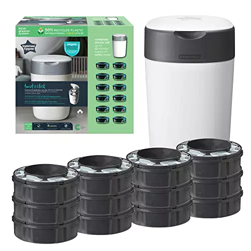 Tommee Tippee Twist/Click Sangenic Tec Set Débutant Poubelle à Couches Protection Anti-Odeur/Germe Garantie 12X Recharges Blanc