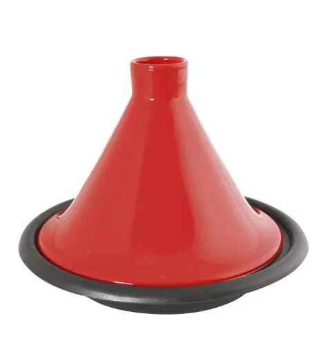 Crealys 509833, Tajine en fonte émaillée noire Ø 31 cm - couvercle en terre-cuite émaillée rouge - compatible avec toutes sources de chaleur y compris Four et Induction