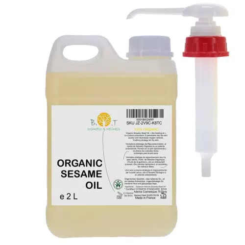 Huile de sésame biologique 100% pure et naturelle, extraite de la pression à froid des graines de sésame. Certifié biologique. Soins de la peau et des cheveux. Massage Ayurveda - 2000 ml 2 L