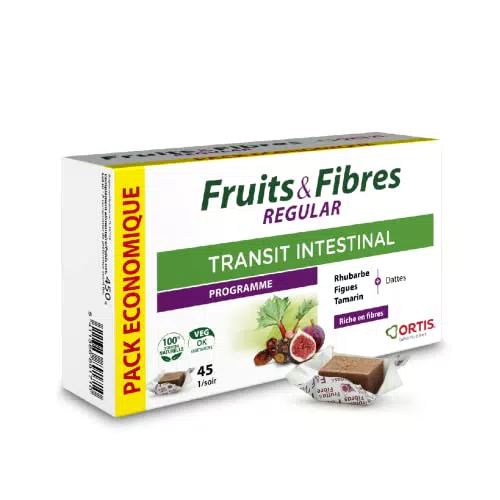 Ortis - Fruits & Fibres Regular Pack Economique 45 Cubes - Complément Alimentaire pour Favoriser le Transit Intestinal - En cas de Paresse Intestinale Régulière - 100% Naturel à base de Rhubarbe
