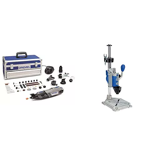Outil Rotatif Multifonction Dremel 8220 Sans-fil 12V avec 5 Adaptations 65 Accessoires & 220 Support Perceuse à Colonne Workstation pour Outil Rotatif Multifonction avec Guide Perçage pour Percer