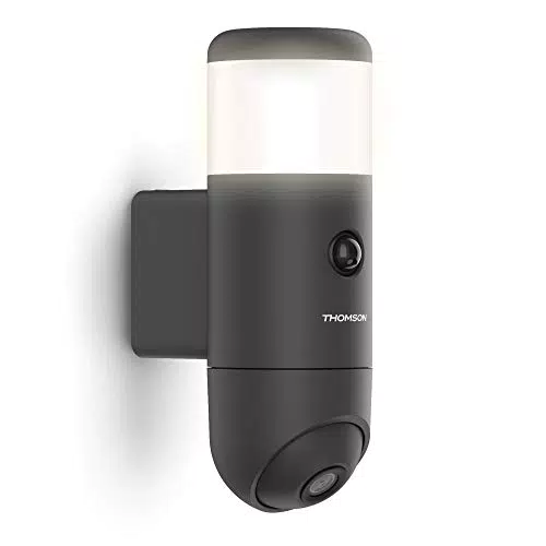 THOMSON Caméra extérieure Lampe Rheita 100 Full HD sans Fil WiFi Vision Infra Rouge 25 m motorisée avec Enregistrement et Haut Parleur connectée Alexa et Google- éclairage et sécurité 512511