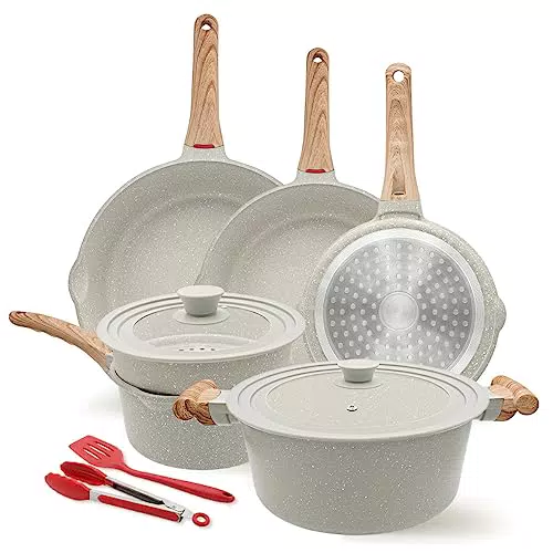 Bobikuke Set Poele et Casserole 10 Pièces, Poêle à Frire 20/24/28 cm