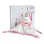Doudou et Compagnie - Doudou Plat Carré Licorne - Doudou Pétales Licorne - 20 cm - Rose - Attrape Rêve - DC3535