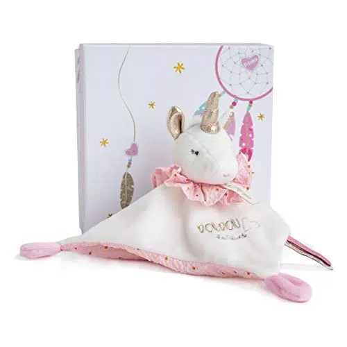 Doudou et Compagnie - Doudou Plat Carré Licorne - Doudou Pétales Licorne - 20 cm - Rose - Attrape Rêve - DC3535