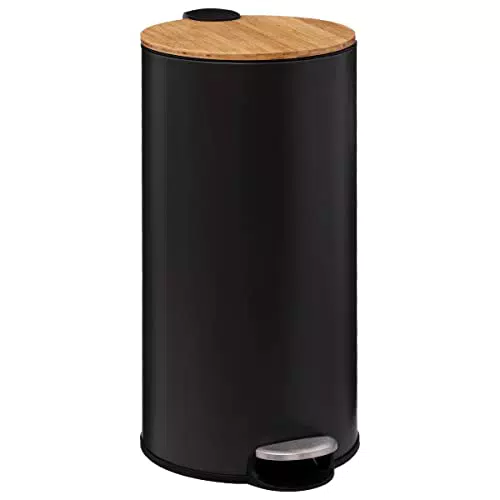 Five - Poubelle 30 litres en Métal Noir et Couvercle en Bambou Naturéo