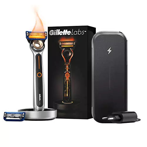 GilletteLabs Rasoir Chauffant Homme Etanche + 2 Lames + Socle Magnétique Sans Fil + Étui de Voyage Lames de Rechargeable
