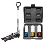 KS Tools 161.0367 - Cris Extra Plat - Cric Hydraulique Extra Bas en Acier - Cric Rouleur avec 2 Roues Directionnelles - Argent et Noir & Jeu de 3 Douilles à Chocs pour Jantes Aluminium