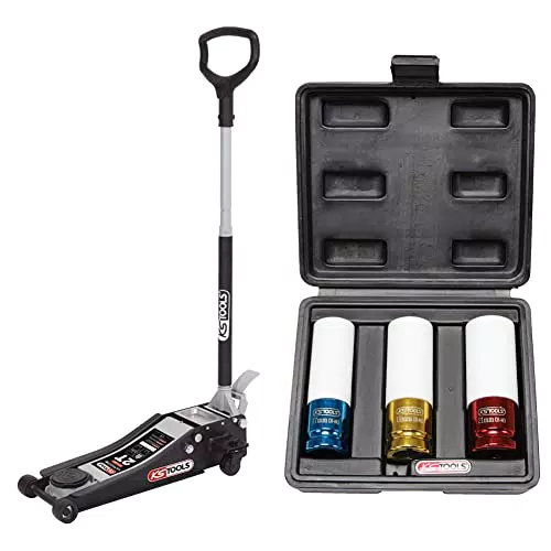 KS Tools 161.0367 - Cris Extra Plat - Cric Hydraulique Extra Bas en Acier - Cric Rouleur avec 2 Roues Directionnelles - Argent et Noir & Jeu de 3 Douilles à Chocs pour Jantes Aluminium