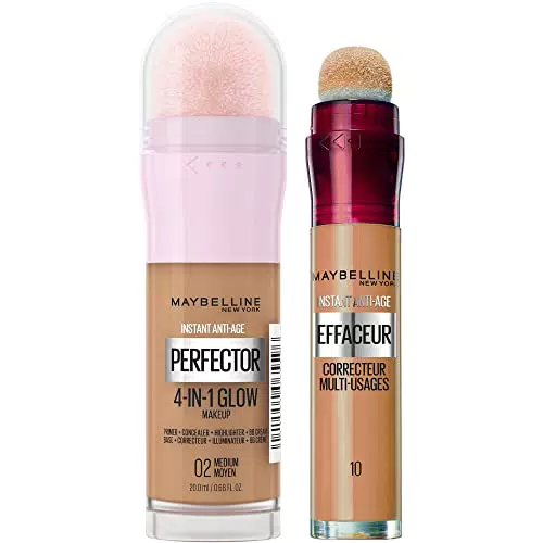 Maybelline New-York - Duo Teint - Perfecteur de Teint Illuminateur Instant Glow Perfector 4-in-1 + Anti-Cernes/Correcteur Instant Anti-Age L’Effaceur - Click Iconique
