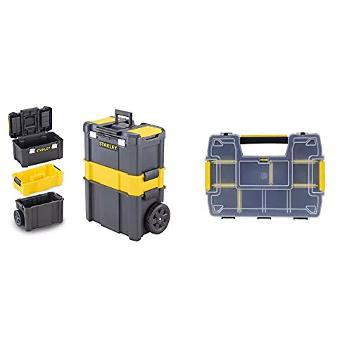 Stanley Stst1-80151 Servante Porte Outils 3 En 1 - Boite À Outils Détachable 45 Cm - 18Cm & Stst1-71197 Sort master Organiseur Empilable - Dimensions: 29 x 13 x 21 cm - Couvercle en Plastique Renforcé