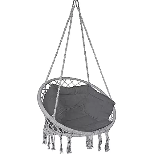 VOUNOT Fauteuil Suspendu à Franges avec Coussins de Siège Confortables et Kit de Suspension Durable Ø80cm Chaise Balançoires pour Intérieur et Extérieur Siège Suspendu Gris