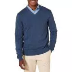 Amazon Essentials Pull à col en V Homme, Bleu Chiné