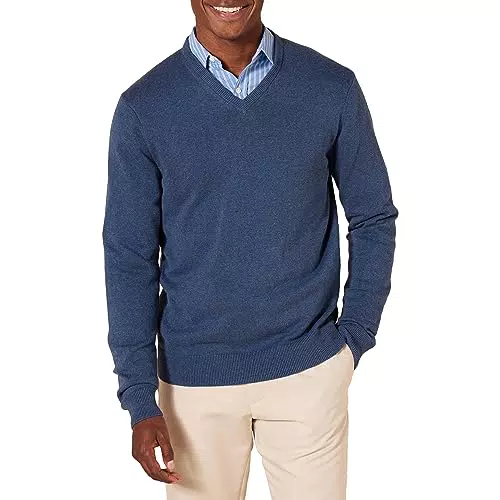 Amazon Essentials Pull à col en V Homme, Bleu Chiné