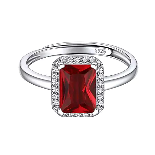Bague Femme Argent Reglable, Anneau Ajustable avec Pierre Grenat en Forme Carré Brillante