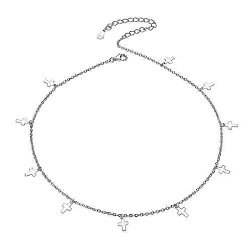 Collier Ras de Cou Femme Argent 925 - Chaîne Courte Réglable 33+5 cm - Bijoux Choker Tour de Cou pour Petite Fille - Collier Ras du Cou avec Charm Croix - Cadeau Femmes et Filles