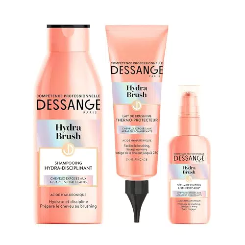 Dessange - Coffret Cheveux Hydra-Disciplinant - Shampooing + Lait de Brushing Thermo-Protecteur + Sérum de Finition Anti-Frisottis - Hydra Brush - 3 Produits