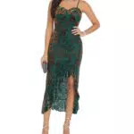 GRACE KARIN Femmes Sexy Spaghetti Sangle sans Manches Queue de Poisson Longue Moulante enveloppé Danse fête Cami Robe Fleurs Marron sur Fond Vert