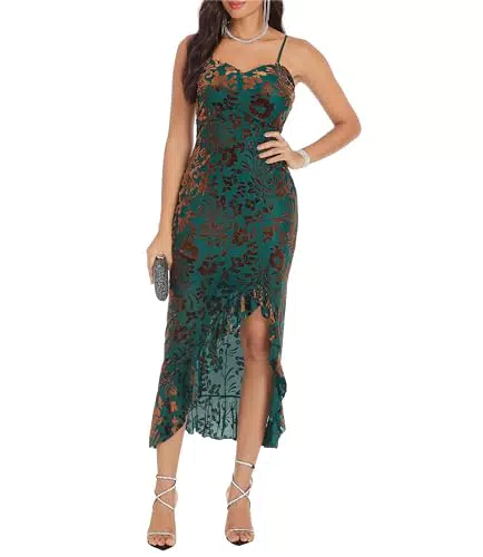 GRACE KARIN Femmes Sexy Spaghetti Sangle sans Manches Queue de Poisson Longue Moulante enveloppé Danse fête Cami Robe Fleurs Marron sur Fond Vert