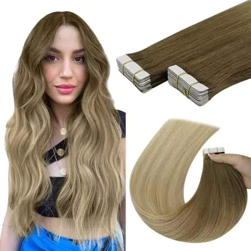 Youngsee Extension Cheveux Naturel Adhesif Ombre Hair 24 Pouces Extension Adhesive Cheveux Naturel Brun Fonce à Brun Moyen avec Blond Balayage Tape Hair Extensions 20pcs 50g #6/18/22