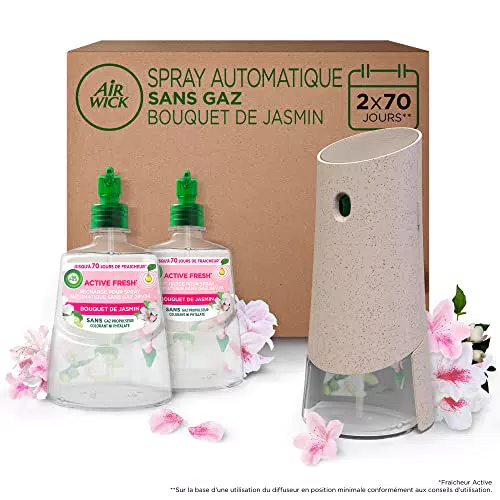 Air Wick Désodorisant Maison Spray Automatique Sans Gaz Active Fresh - 1 Diffuseur + 2 Recharges Parfum Bouquet de Jasmin