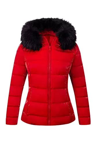 BELLIVERA Doudoune Femme Matelassé Léger Manteau À Capuche D'hiver Avec Col Fourrure 7695 Rouge
