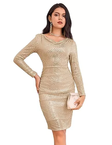 GRACE KARIN Femmes Sequin Glitter Dress Mini Wrapped Pencil Hanches-Wrapped Dress Cowl Neck Bodycon Rose Gold
