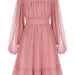GRACE KARIN Filles Enfants Swiss Dot Robe Manches Longues Col Carré Hors Epaule Taille Elastique Robe Rose 5-6 Ans