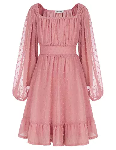 GRACE KARIN Filles Enfants Swiss Dot Robe Manches Longues Col Carré Hors Epaule Taille Elastique Robe Rose 5-6 Ans