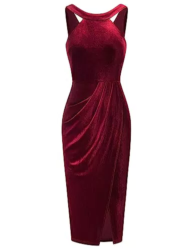 GRACE KARIN Robe Femme Moulante en Velours Hiver Chaud Vintage Robe Soirée Années 50 60 Fendue Cérémonie Vin Rouge -3