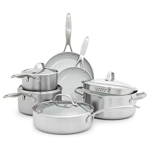 GreenPan Venice Pro Tri-Ply Acier Inoxydable Céramique Saine Antiadhésive 10 Pièces Batterie de Cuisine Poêles et Casseroles