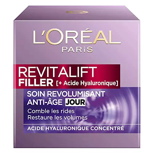 L'Oréal Paris - Soin Anti-Âge Revolumisant - Crème Jour Anti-Rides & Volume - Hydratation & Fermeté - Enrichi en Acide Hyaluronique - Pour Tous Types de Peaux - Revitalift Filler - 50 ml