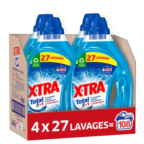 Lot de 4 - X*Tra Total - 27 lavages - Lessive liquide - 4 en 1 - Entretien du linge - Efficace dès 20°C - Propreté - Eclat - Fraîcheur - Economique - Emballage recyclable