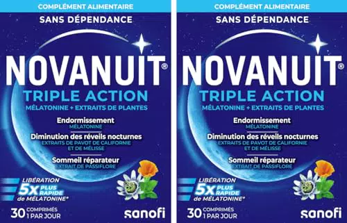 NOVANUIT TRIPLE ACTION - Complément Alimentaire - Sommeil - Lot 2x30 comprimés Endormissement Réveils nocturnes Sommeil réparateur