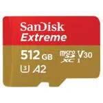 SanDisk 512 Go Extreme Carte Mémoire MicroSDXC + Adaptateur SD avec Performances Applicatives A2 Jusqu'à 190 Mo/s/130 Mo/s