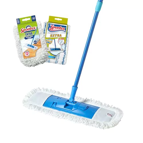 Spontex - Balai serpillère Extra plat - Balai microfibre polyvalent pour balayer et laver - Longueur réglable - Nettoie les sols stratifiés