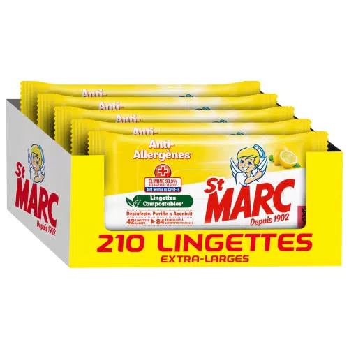 St Marc Lingette nettoyante Désinfectante, Anti-Allergène Compostable & Nettoyante -210 Lingettes Larges antibactérien en Lot de 5