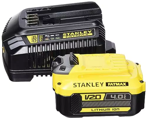Stanley FATMAX Kit 1 Batterie Lithium-ion 18V 4Ah avec 1 Chargeur 18V 2Ah Technologie Améliorée Gamme FATMAX V20 SFMCB14M1-QW