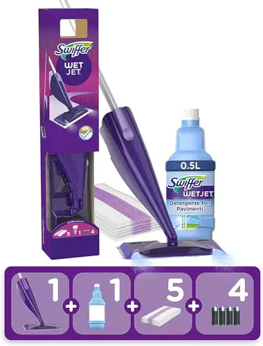 Swiffer WetJet Complet Balai Kit, 5 Lingettes + 1 Nettoyant Liquide + 2 Piles