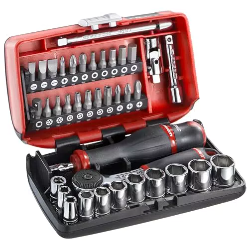 FACOM - Coffret à Douille 1/4" 6 Pans Métriques et Embouts - Coffret Outils Complet - 38 Pièces avec Cliquet