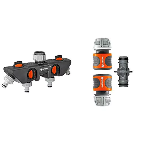 Distributeur 4 Voies Gardena: Raccordement de 4 Appareils au Robinet & Nécessaires d'Arrosage Gardena: Raccords Extension Tuyau 13 mm et 15 mm.