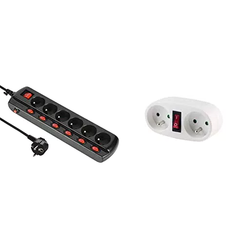 Bloc Multiprises Electraline 6 Prises + Interrupteurs déportés 1,5M Noir & CHACON Domino Blanc - 2 x 16 A