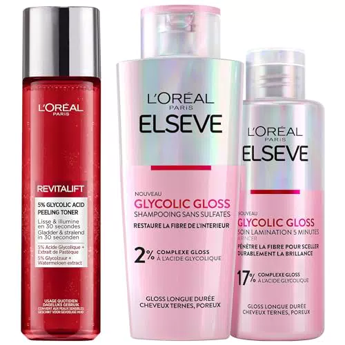 Routine Soin Visage et Capillaire Acide Glycolique - Shampooing + Soin Lamination + Peeling Lissant & Exfoliant - Elseve Glycolic Gloss - L'Oréal Paris Revitalift