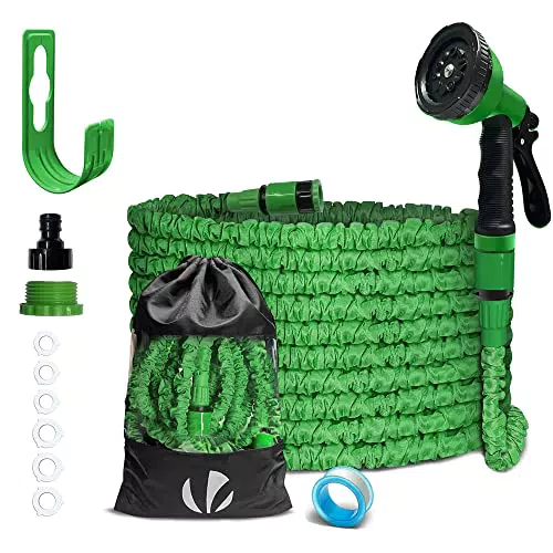 VOUNOT Tuyau d’Arrosage Extensible 15m Renforcé avec Récipient Savon Adaptable 1/2" et 3/4" 8 Modes de Pulvérisation Flexible et Anti-Fuite Raccord et Sac de Rangement Fournis Noir