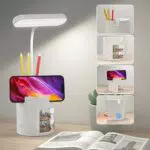 Lampe de Bureau LED Rechargeable avec Support de Téléphone et Rangement - 3 Niveaux de Luminosité Tactile