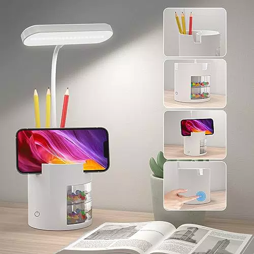 Lampe de Bureau LED Rechargeable avec Support de Téléphone et Rangement - 3 Niveaux de Luminosité Tactile